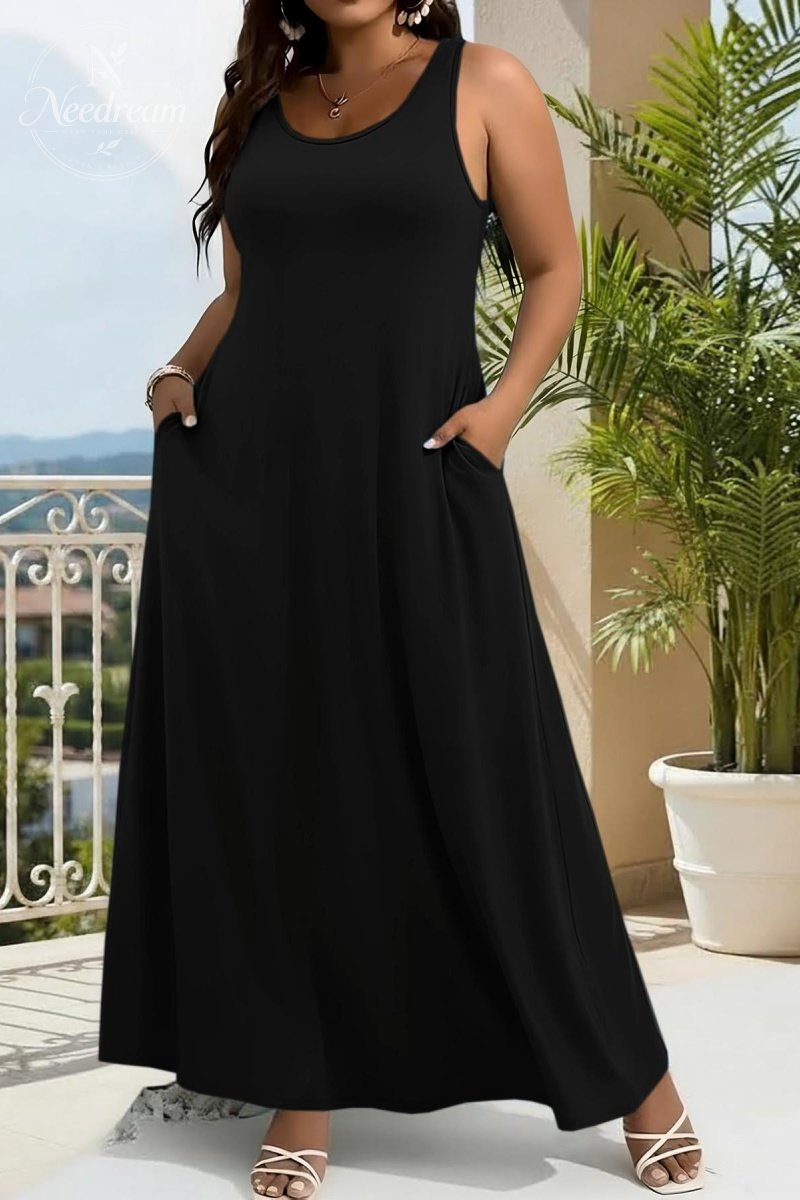 Elegant Plus Size Women's Solid Color Sleeveless Vest Dress, Vacation Style Slimming Bodycon Dress
