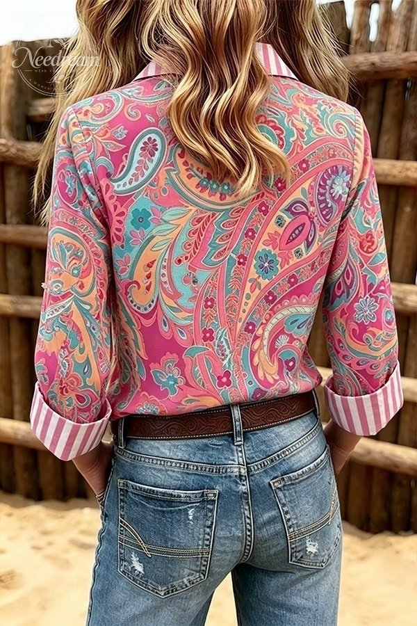 Retro Paisley Print Striped Collar Three Quater Sleeve Blouse