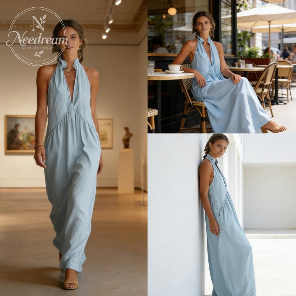 2026 Minimalist Halter Neck Maxi Dress | Casual Loose Fit Summer Dress with Pockets for Women