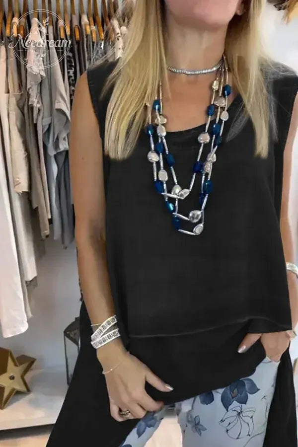 Women's Solid Color Sleeveless Casual Fake Two-piece Irregular Loose Top