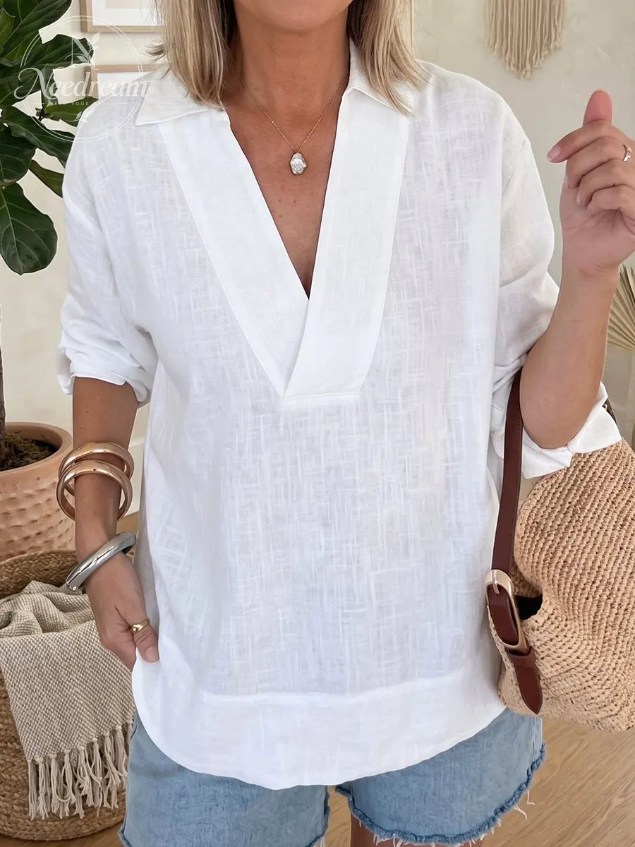 Minimalist V-Neck Cotton Linen Blouse | Cozy Summer Top