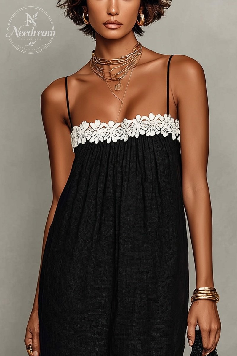 Women's Minimalist Linen-Blend Lace-Paneled Strapless With Spaghetti Straps Maxi Dress