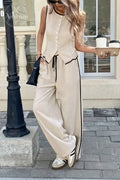 Color-blocked Sleeveless Single-breasted Vest And Drawstring Trousers Set