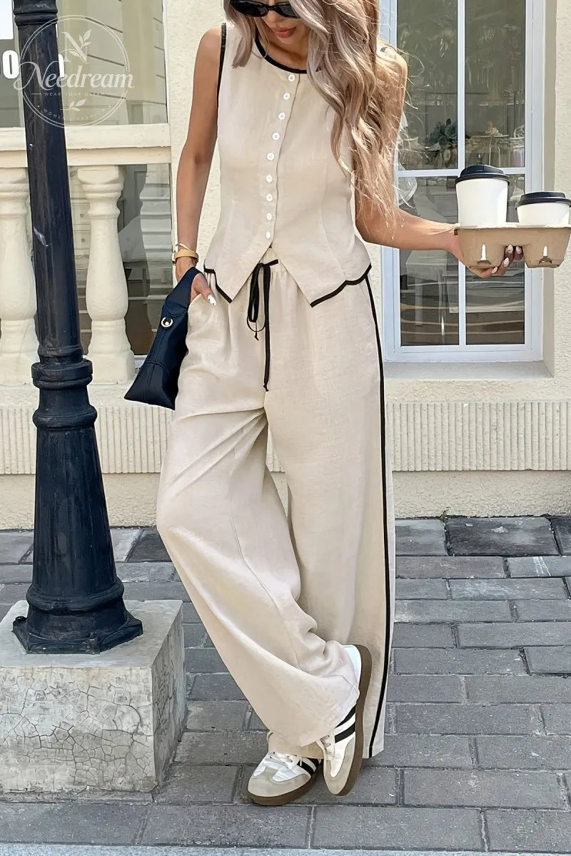 Color-blocked Sleeveless Single-breasted Vest And Drawstring Trousers Set