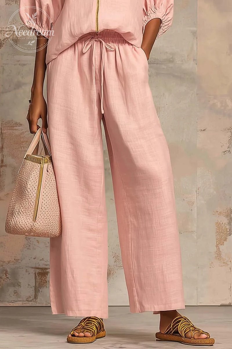 New Arrivals🔥 Stylish Cozy Zipper Shirt & Wide-Leg Pants Linen Cotton Two-Piece Set
