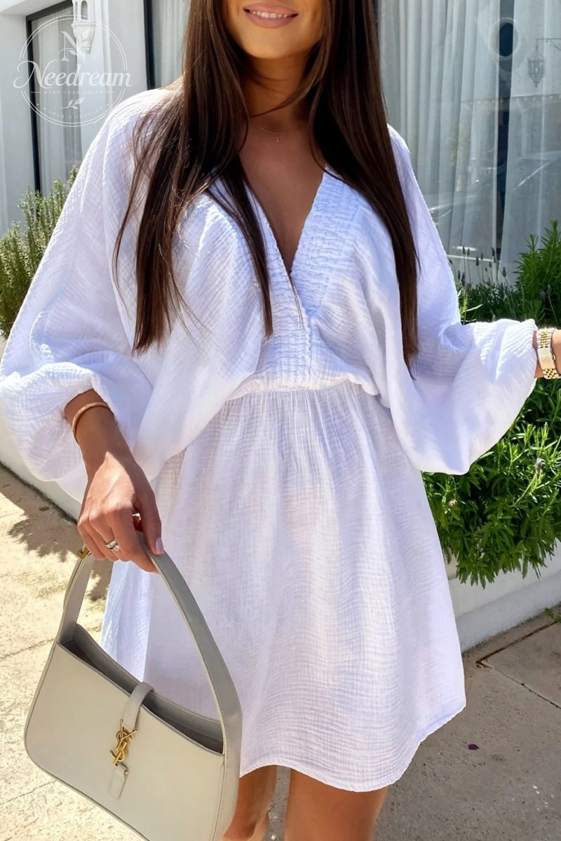 Cheesecloth Ruched Detail V-Neck Dress