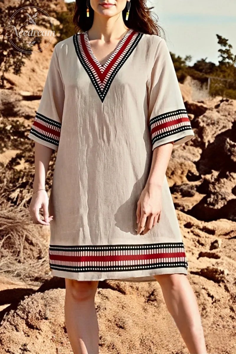 Greek Style V-neck Cotton And Linen Textured Pockets Dress