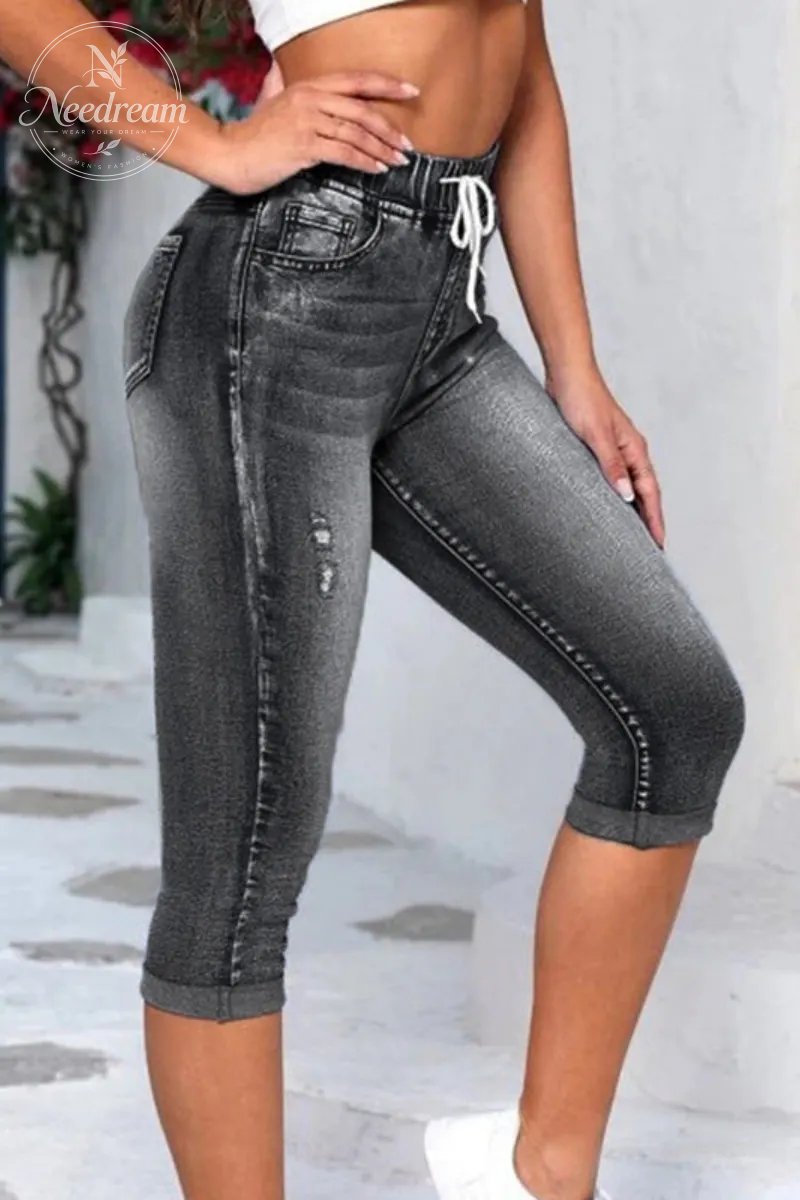 Women'S Casual Jeans, High-Waisted Design, With Drawstring