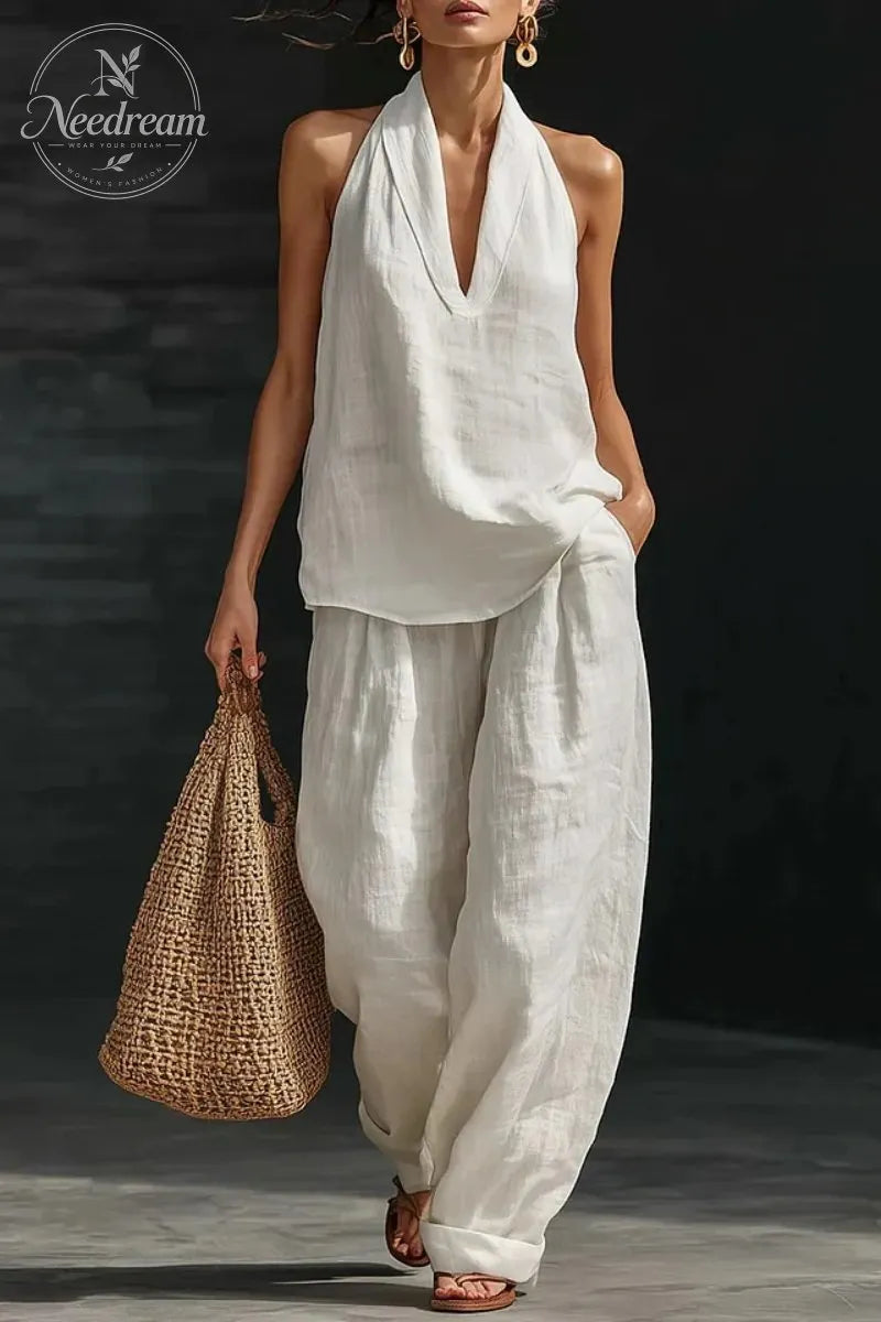 Women's V-neck Top + Tencel Linen Casual Suit