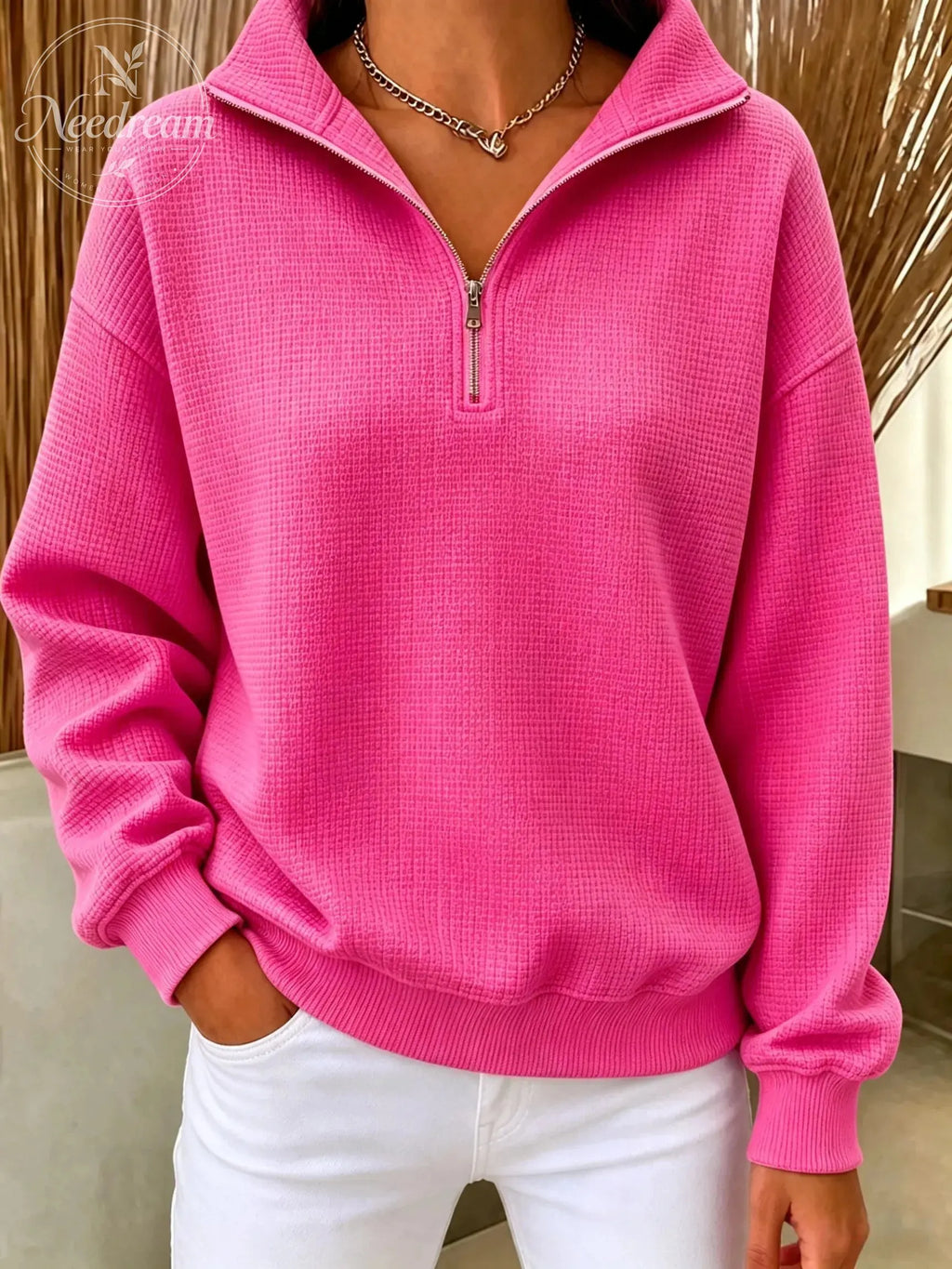 Women's Waffle Knit Quarter-Zip Sweatshirt