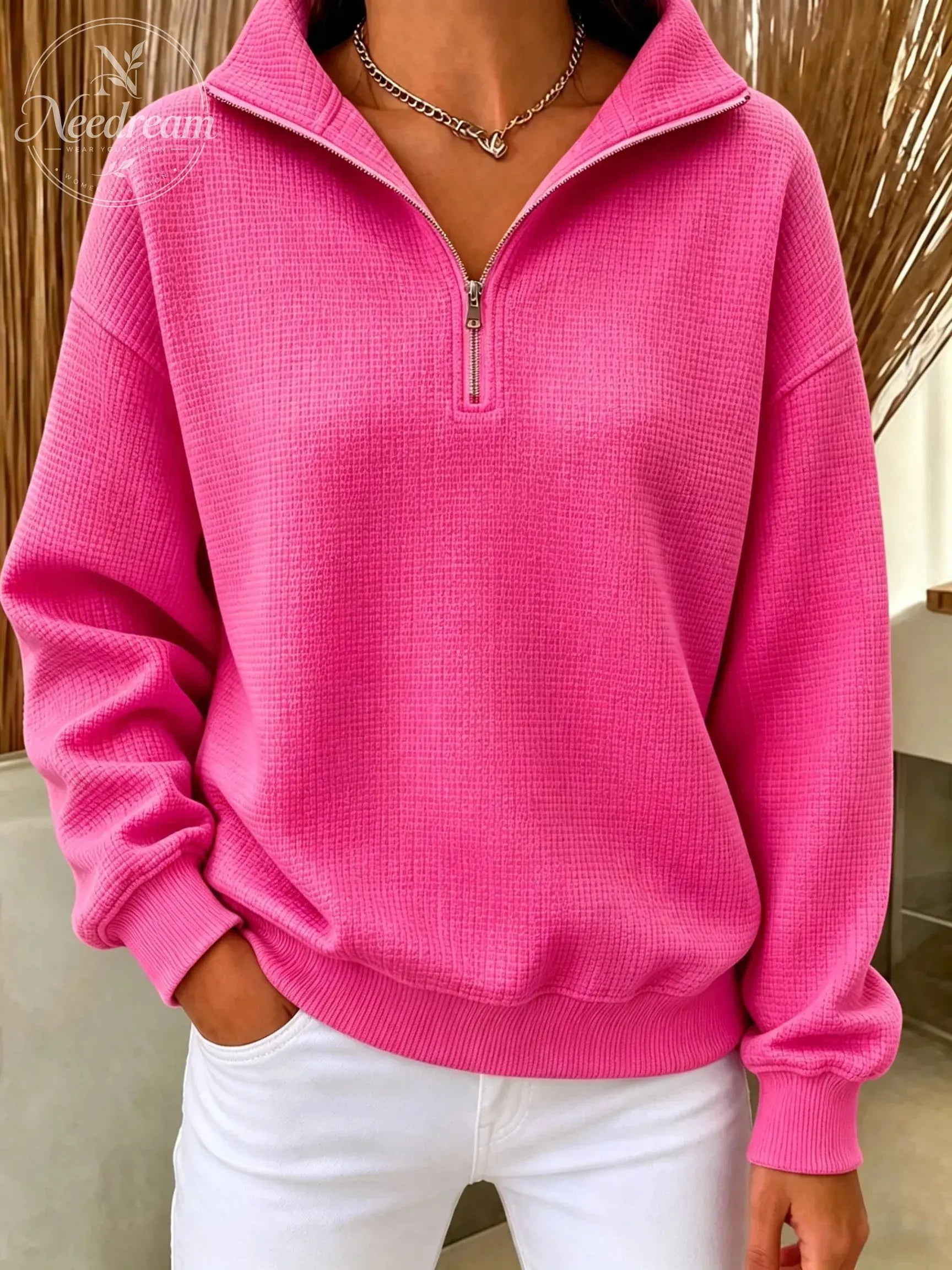 Women's Waffle Knit Quarter-Zip Sweatshirt
