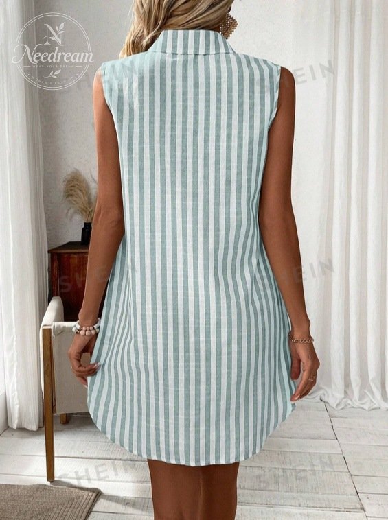 Women'S Minimalist Sleeveless V-Neck Button-Down Striped Shirt Dress