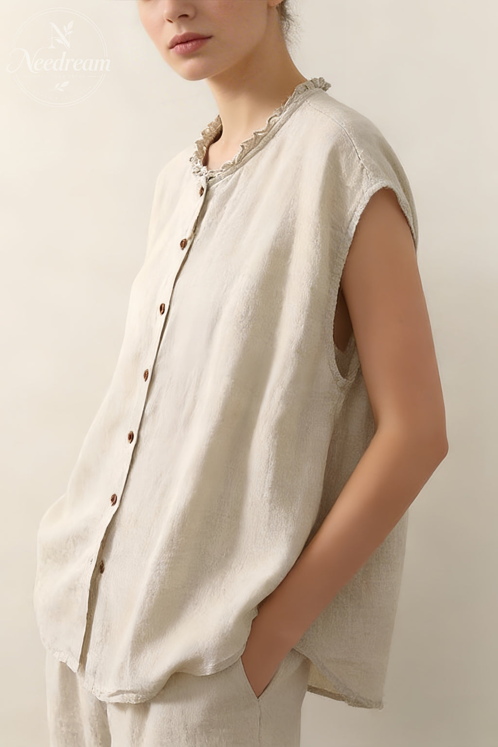 Cotton And Linen Lace Collar Button Cardigan Top