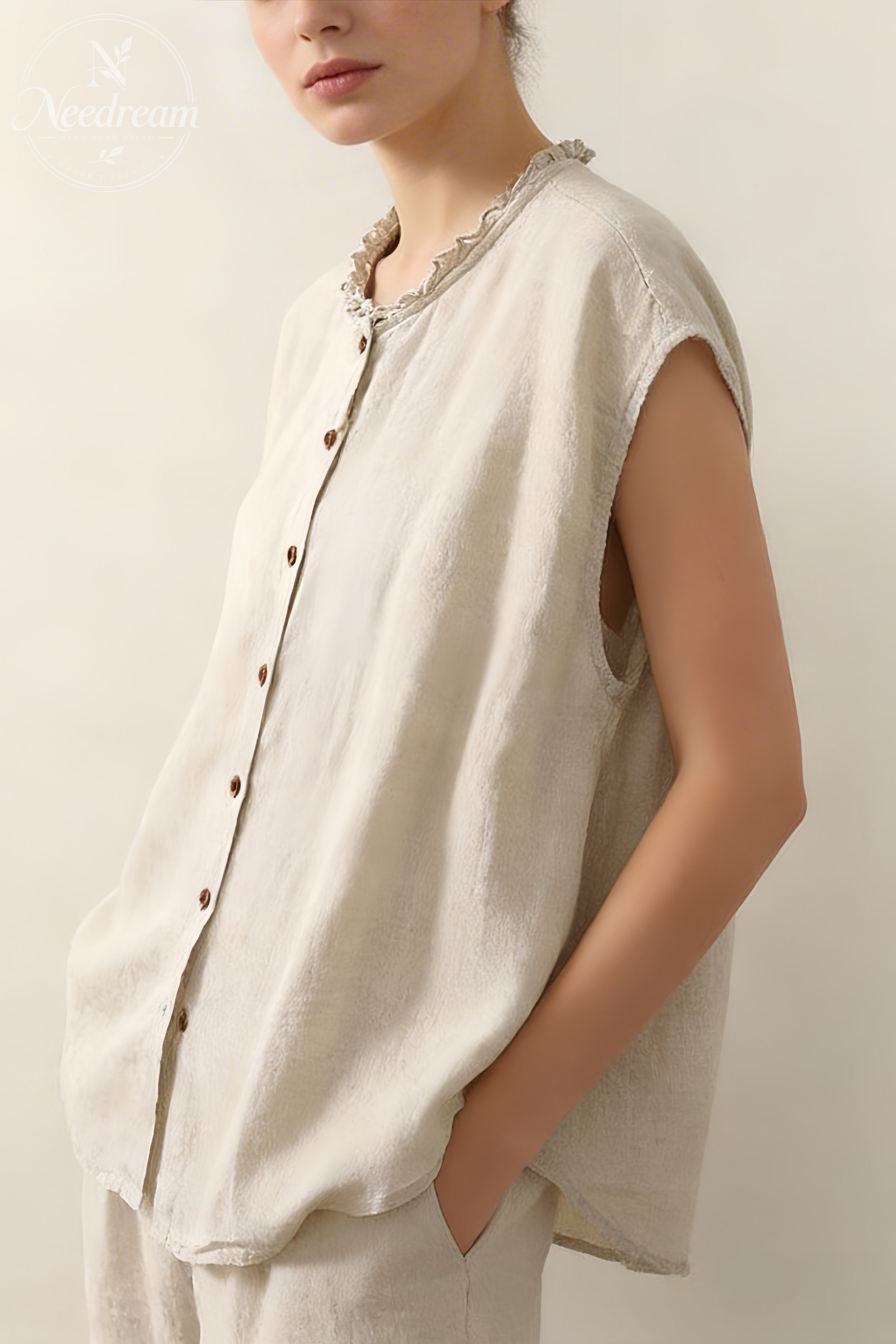 Cotton And Linen Lace Collar Button Cardigan Top
