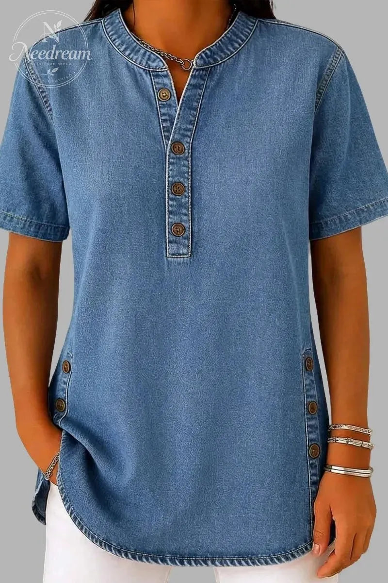 Women's Casual Denim Henley Neck Short Sleeve Button Blouse