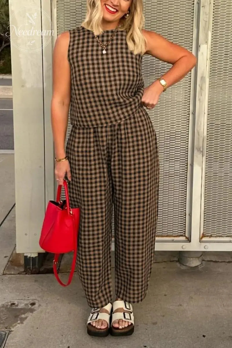 Summer New Women's 2 Piece Set Cotton Plaid Crop Top Loose Fit Pocket Nine-Tenths Pants