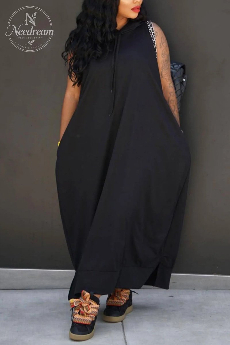 Women's Plain Drawstring Hooded Tank Dress, Casual Basic Pocket Sleeveless Dress