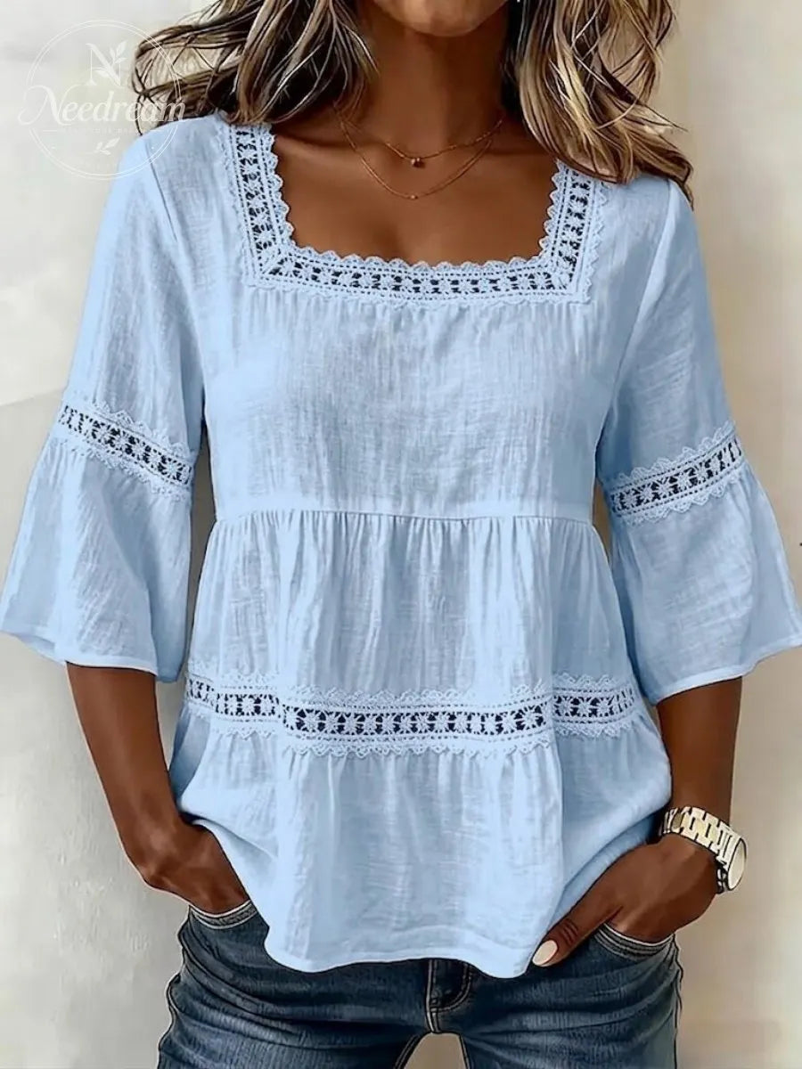 Women'S White Boho Blouse Crochet Lace Trim Bell Sleeve Tiered Flowy Top