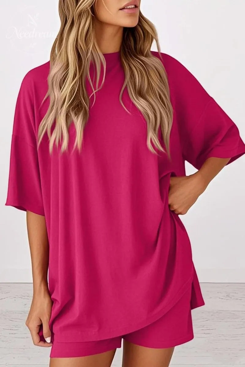 Women 2 Piece Outfits Crew Neck Oversized Tshirts and Biker Shorts with Pocket Matching Lounge Sets