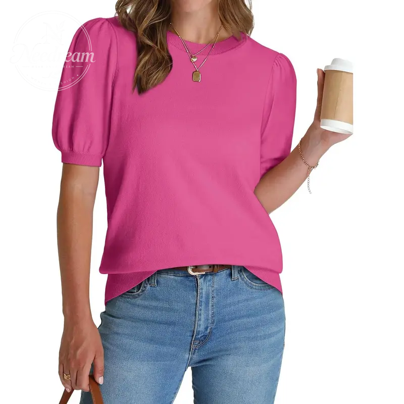 Women's Puff Short Sleeve  Lightweight Knit Top