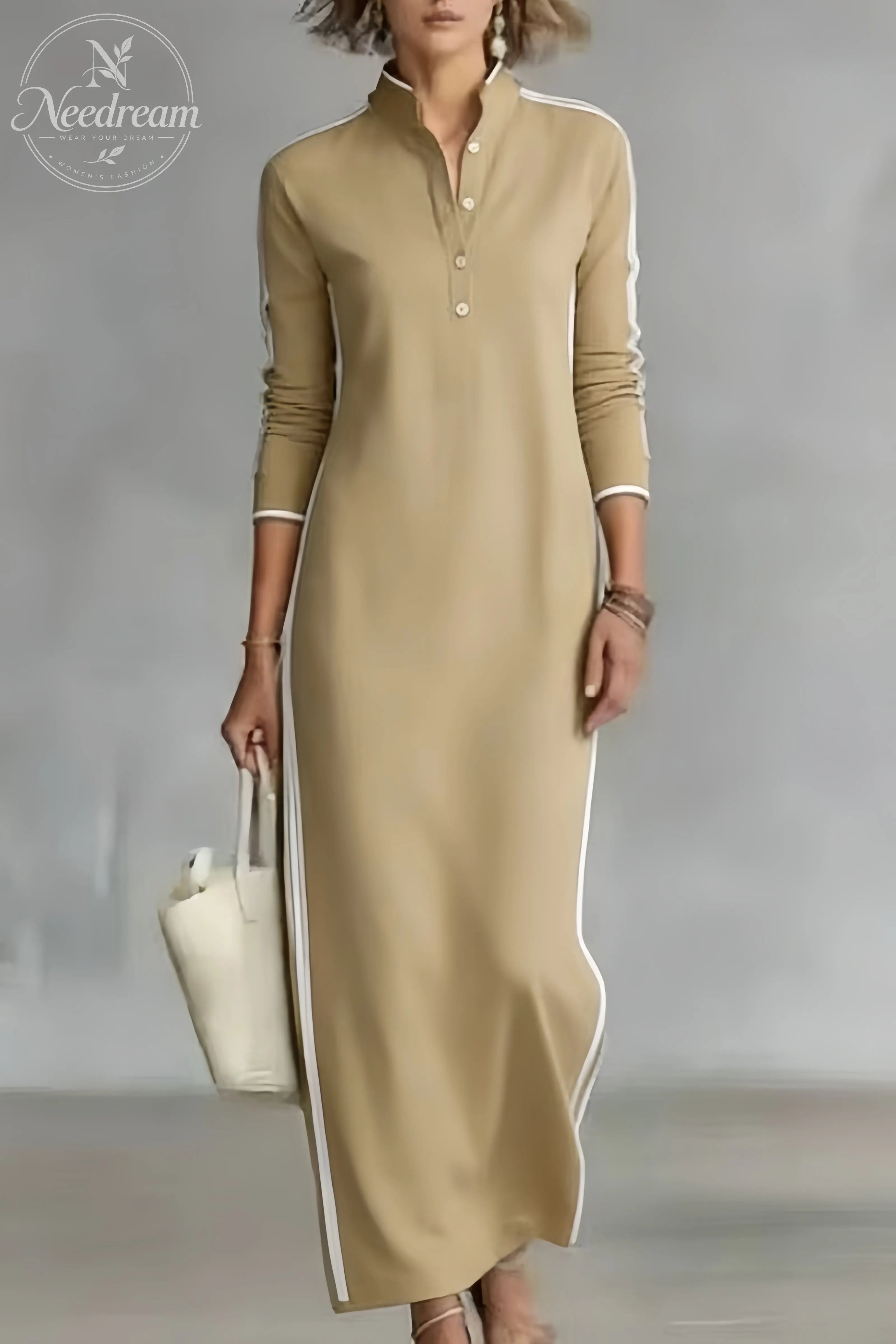 Women's Minimalist White-trimmed Button-down Collar Sweatshirt Dress Maxi Dress