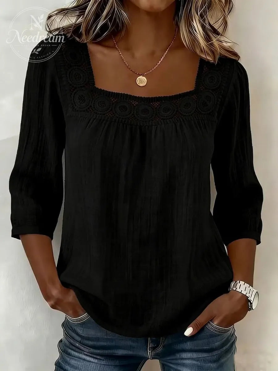 Lace Patchwork Blouse With A Square Neckline