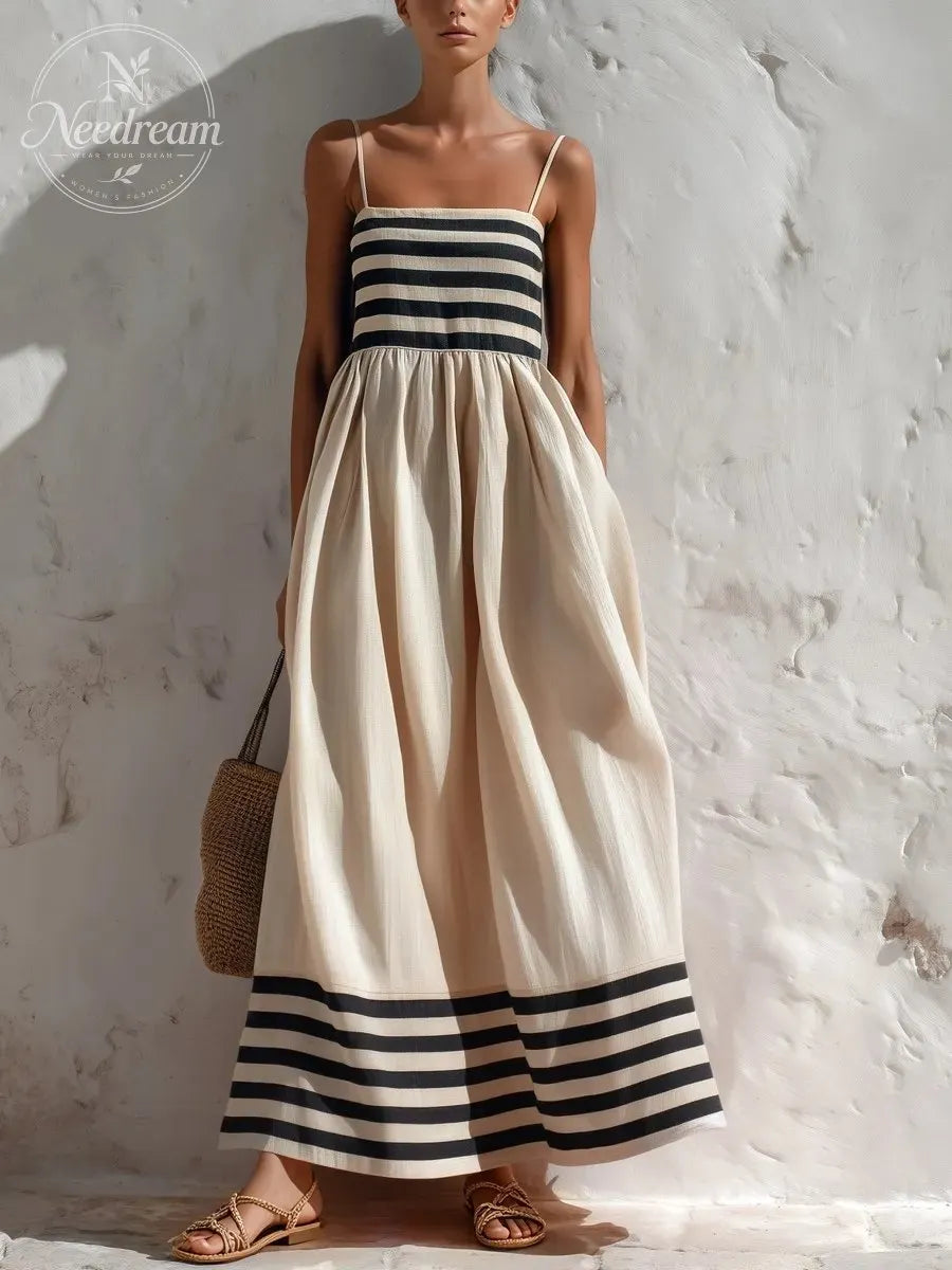 Black And Beige Striped Camisole Maxi Dress