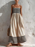 Black And Beige Striped Camisole Maxi Dress