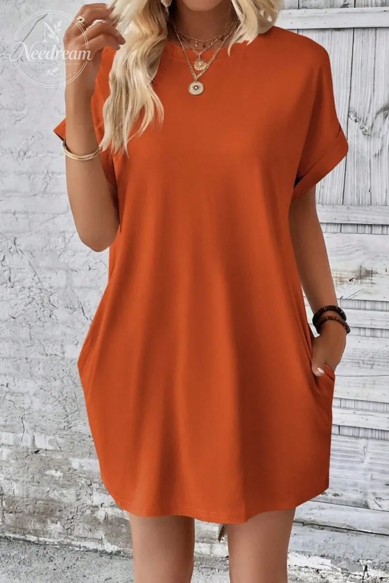 Casual Minimalist Round Neck Roll Up Sleeve Dress