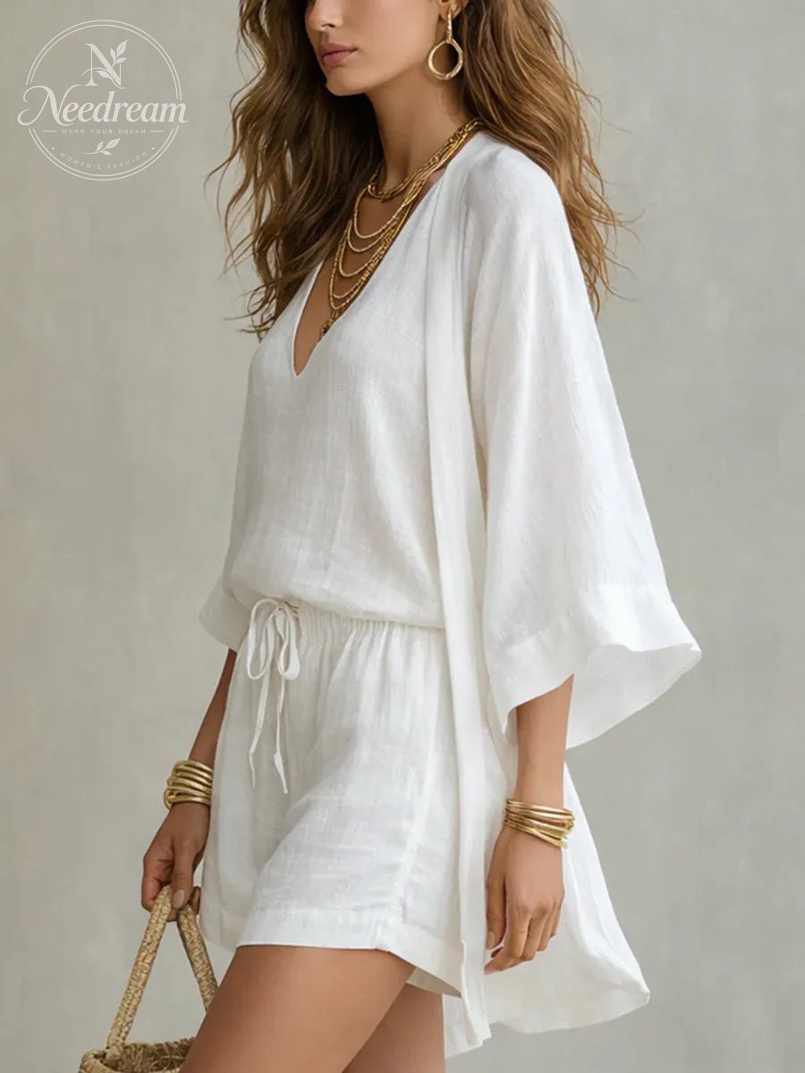 Loose Cardigan And Drawstring Shorts Three-piece Set