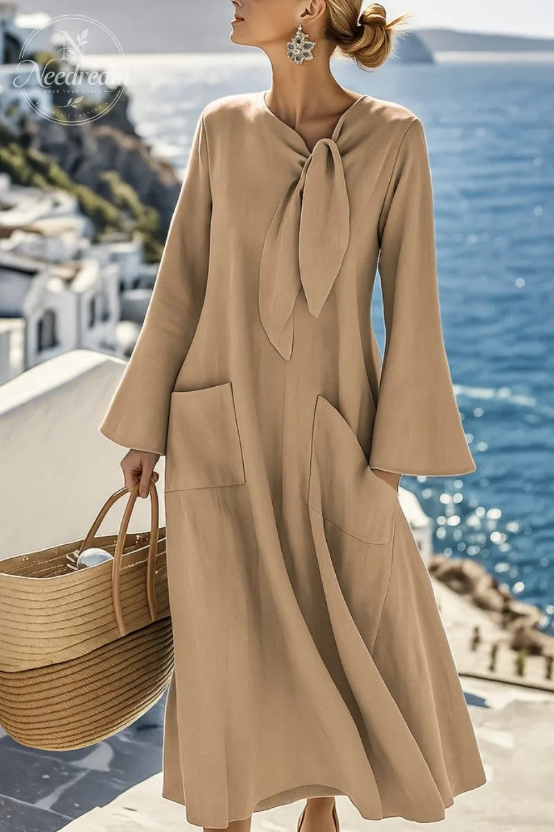 Cotton Linen Round Neck Long Sleeve Pocket Tie Dress