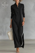 Women's Minimalist White-trimmed Button-down Collar Sweatshirt Dress Maxi Dress