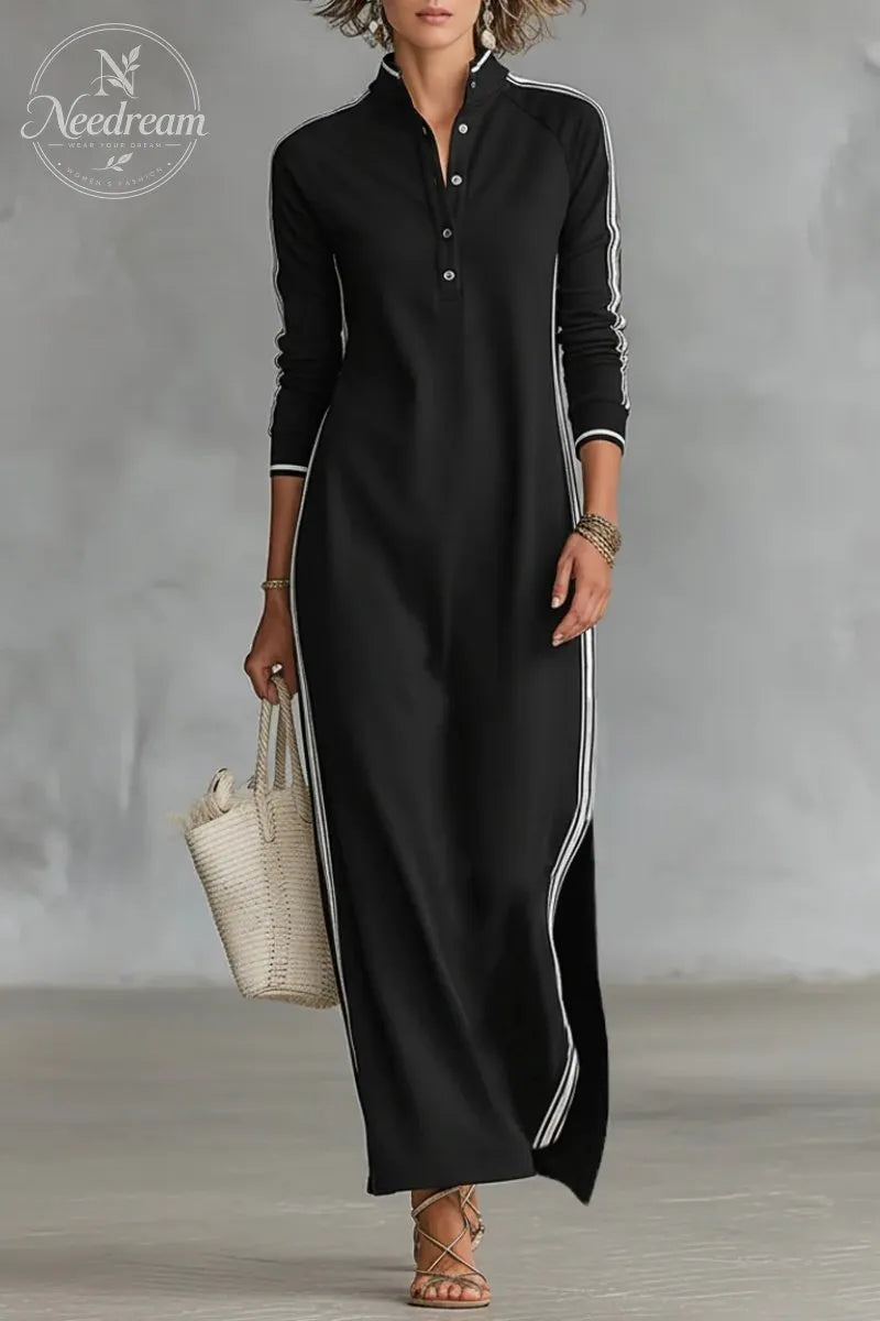 Women's Minimalist White-trimmed Button-down Collar Sweatshirt Dress Maxi Dress
