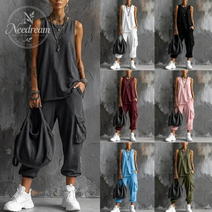 Women's Casual Style Dark Gray Cotton Blend Sleeveless Top + Jogger Cargo Pants Set