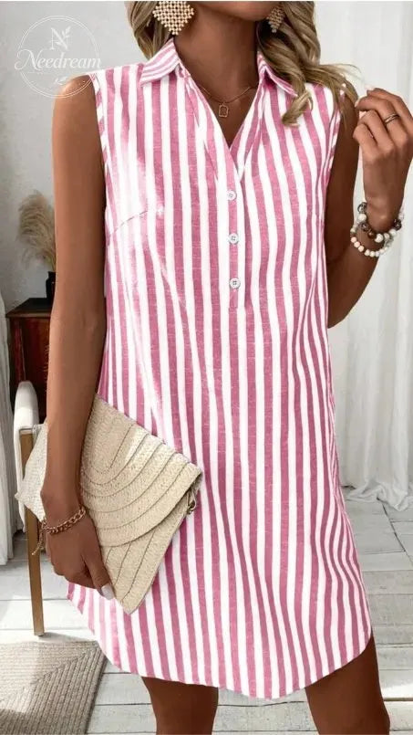 Women'S Minimalist Sleeveless V-Neck Button-Down Striped Shirt Dress