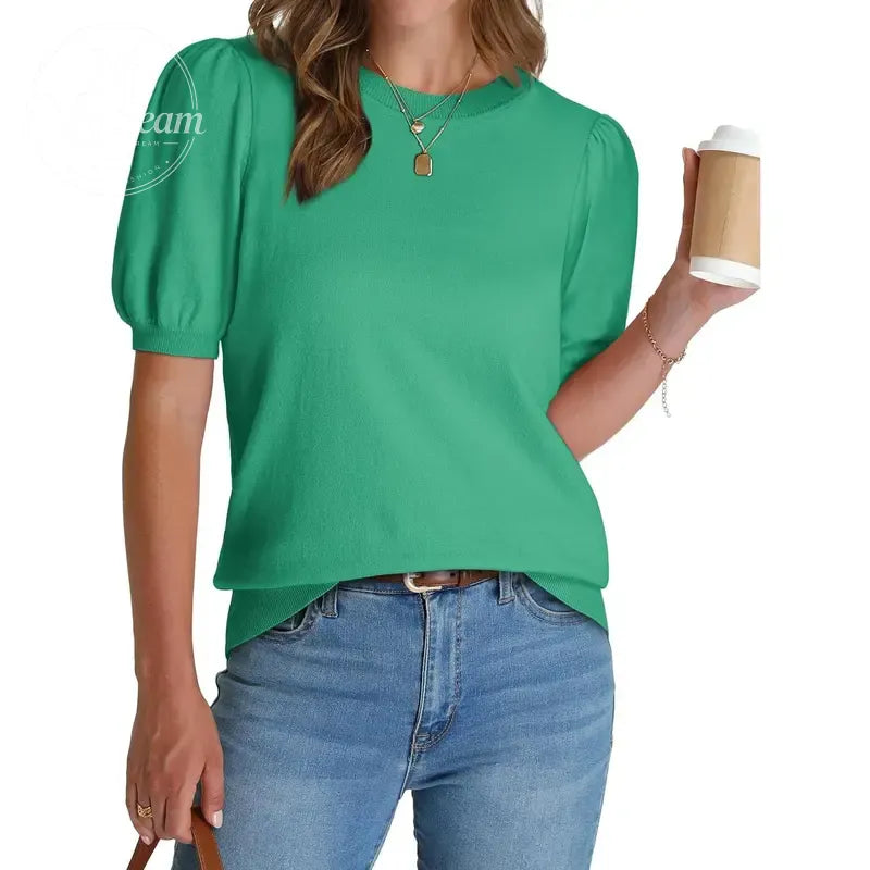 Women's Puff Short Sleeve  Lightweight Knit Top