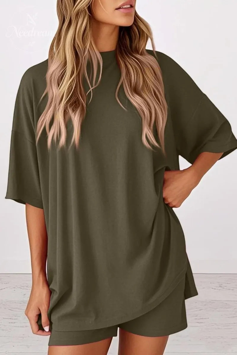 Women 2 Piece Outfits Crew Neck Oversized Tshirts and Biker Shorts with Pocket Matching Lounge Sets