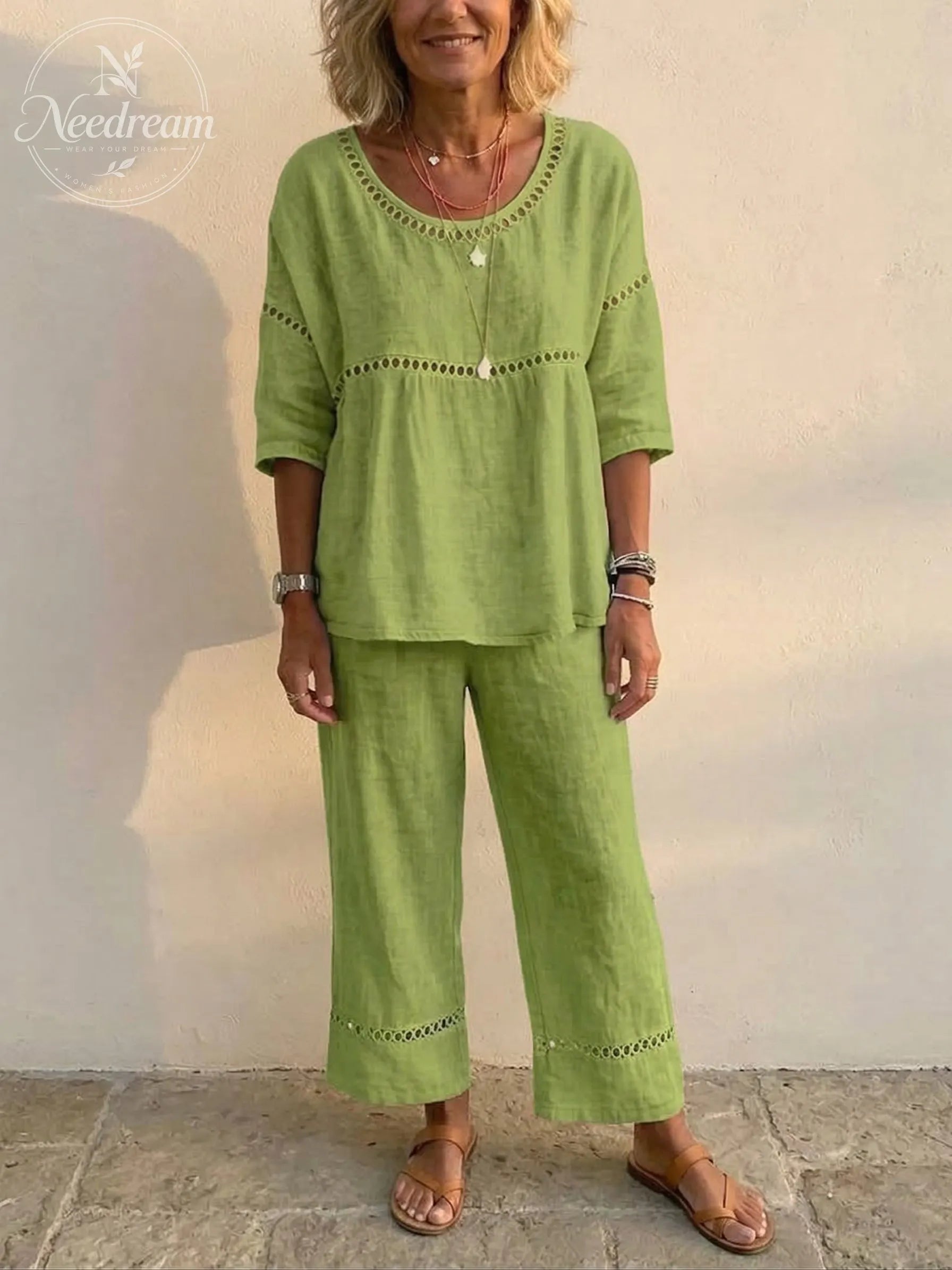 🔥 Women's Vintage Eyelet Casual Loose-Fit Linen Linen Two-Piece Set