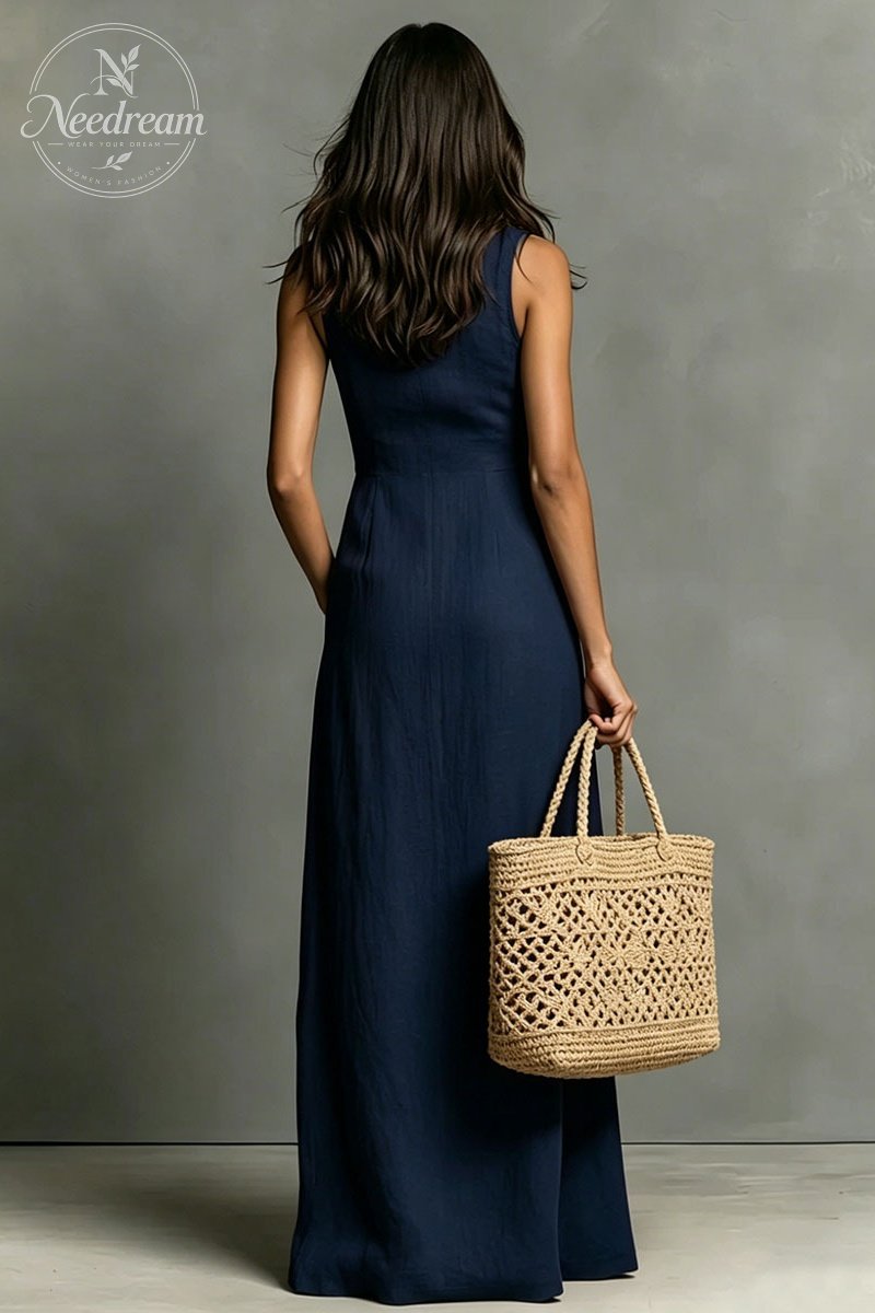 Women'S Minimalist Linen-Blend Collared Single-Breasted Sleeveless Maxi Shirt Dress