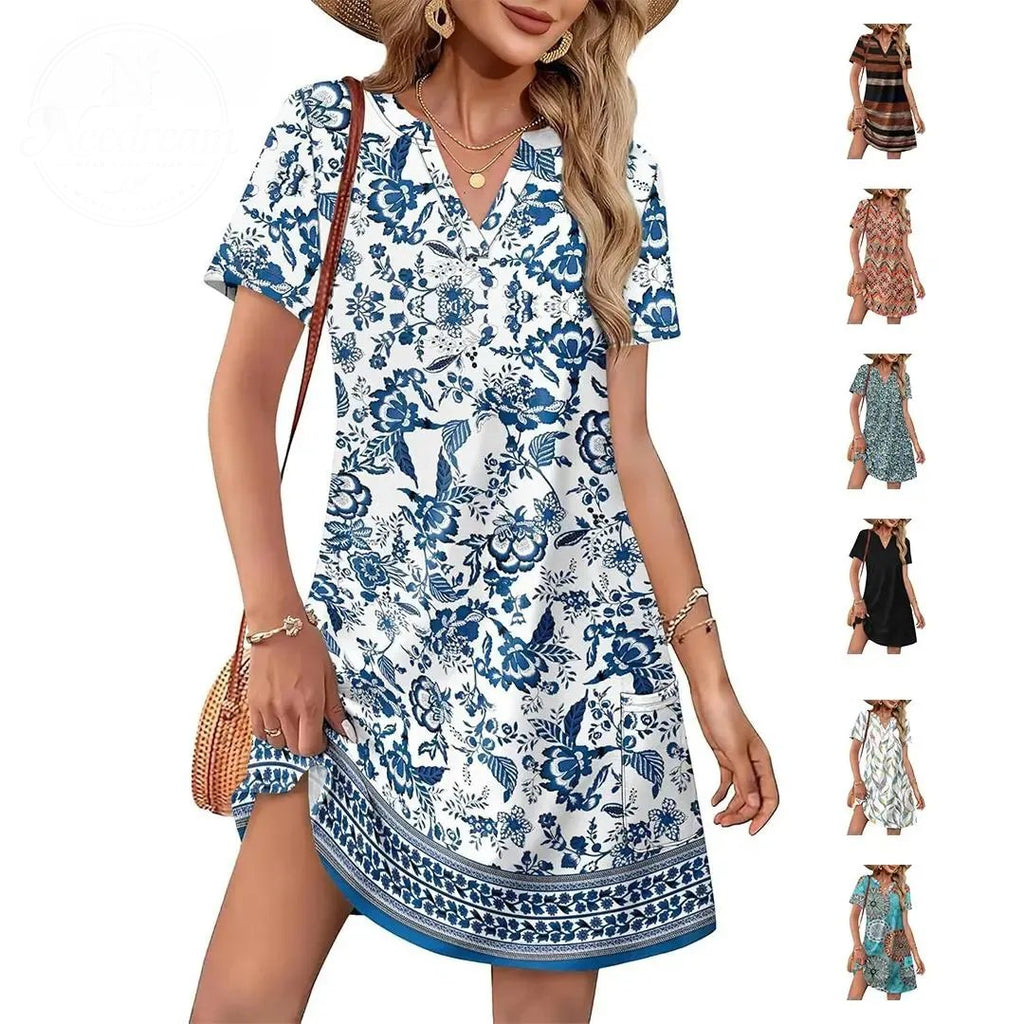 Casual Summer V Neck Wedding Guest Dress Short Sleeve Fashion Beach Vacation Clothes