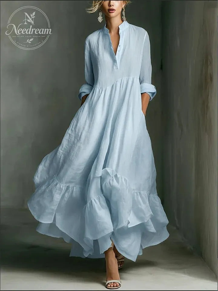 Women's White Long-sleeved Ruffled Maxi Dress