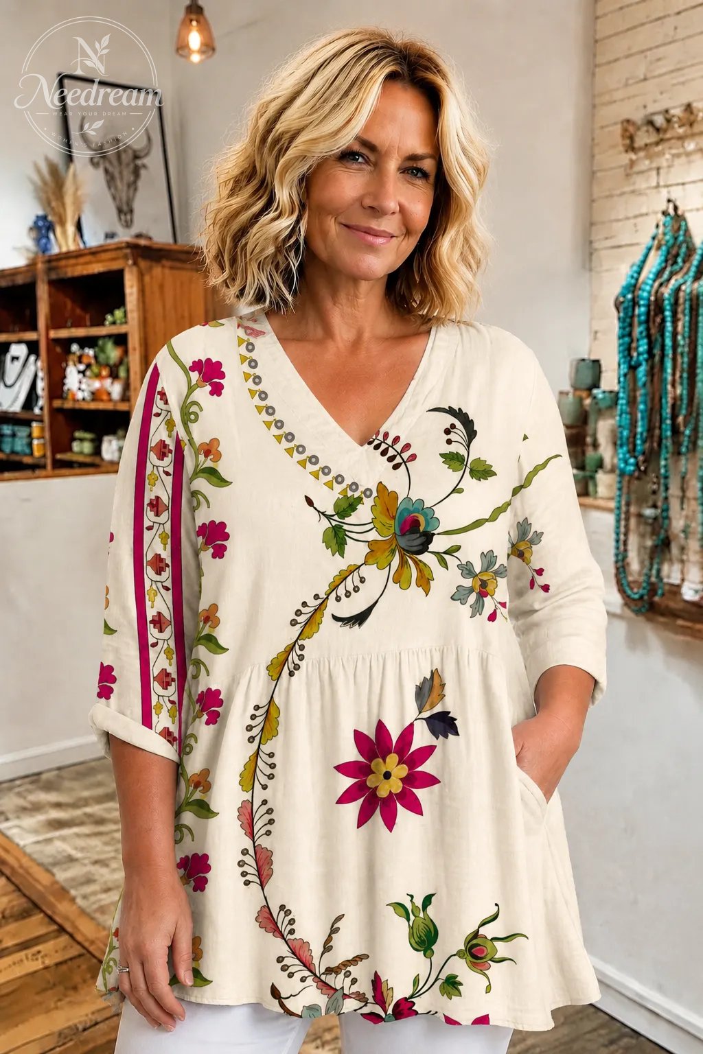 Women'S Floral print V-Neck Long-Sleeve Long Shirt