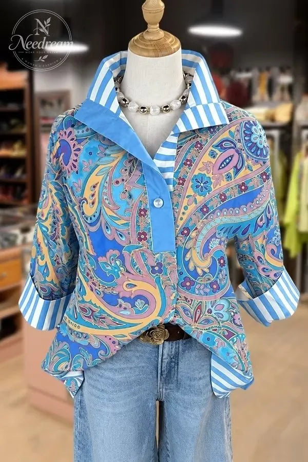 Retro Paisley Print Striped Collar Three Quater Sleeve Blouse