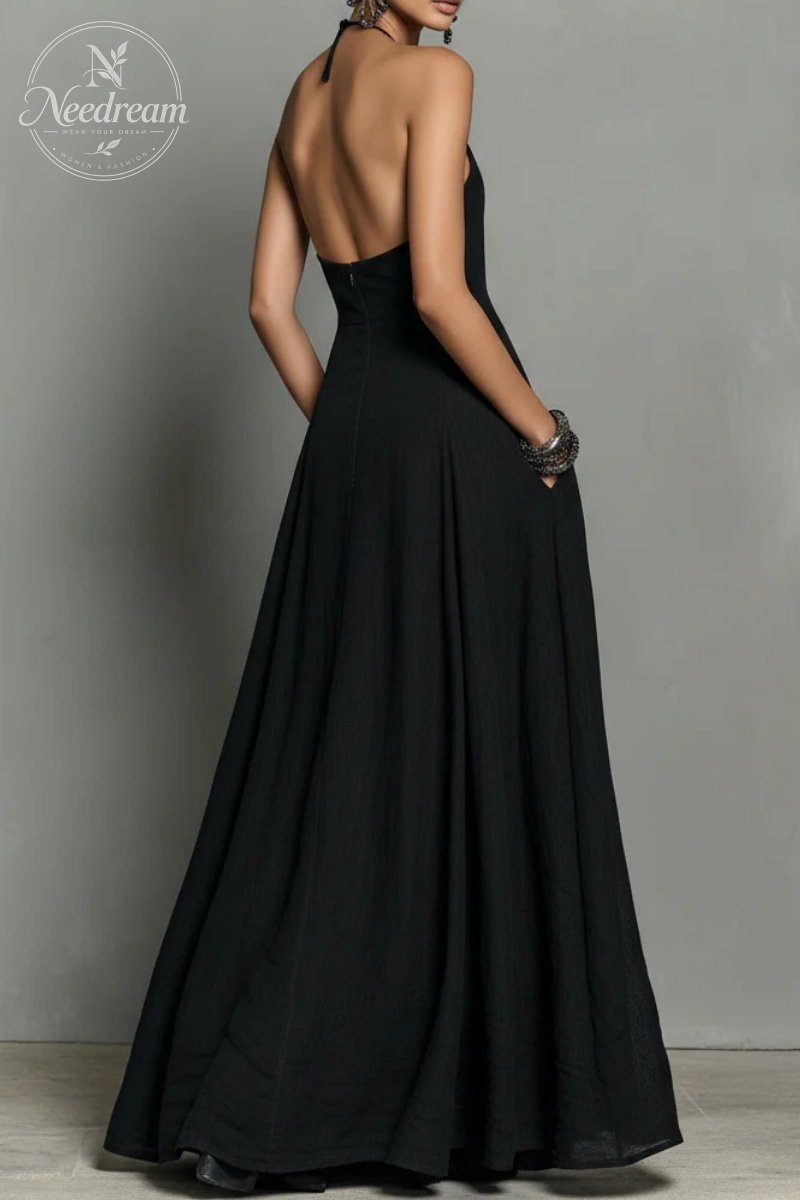 Women's Minimalist Linen Blend Halter Neck Sleeveless Maxi Dress