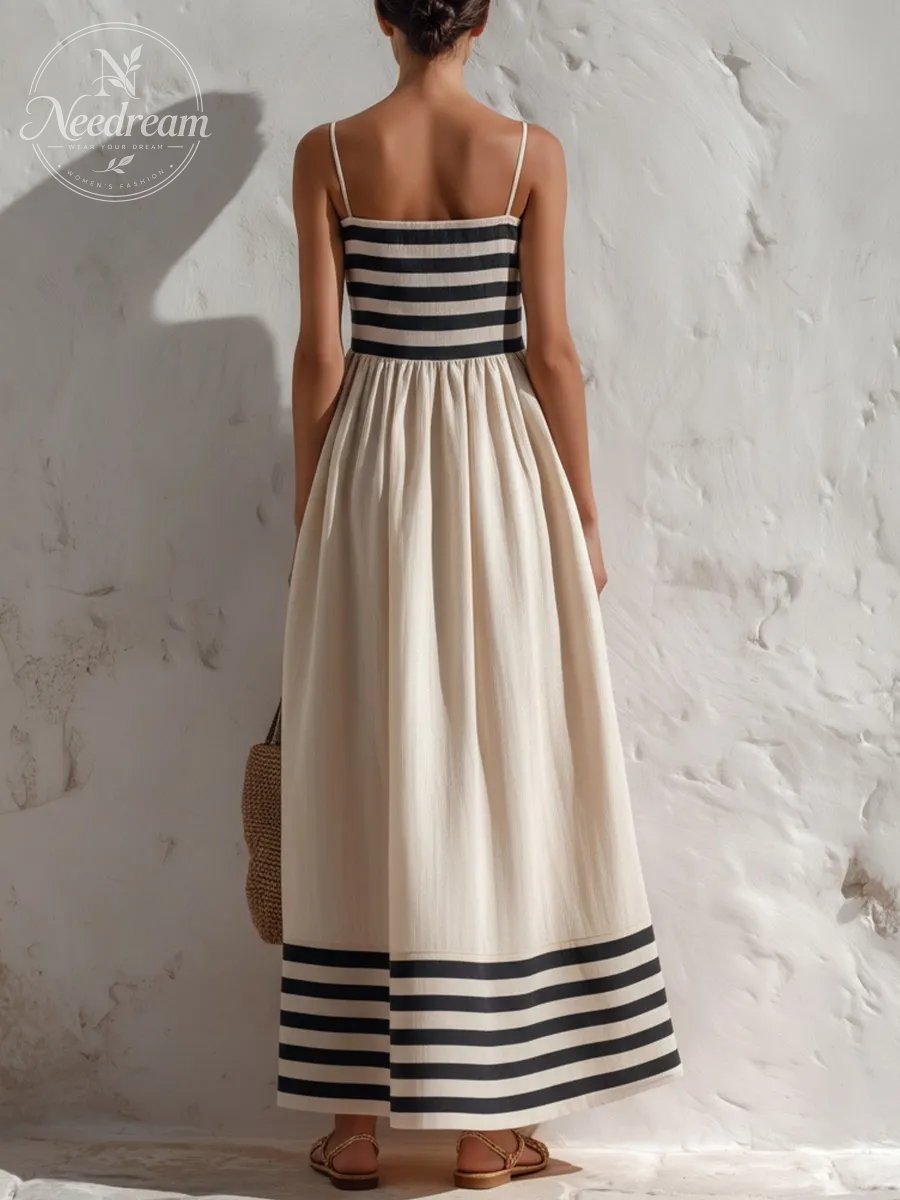 Black And Beige Striped Camisole Maxi Dress