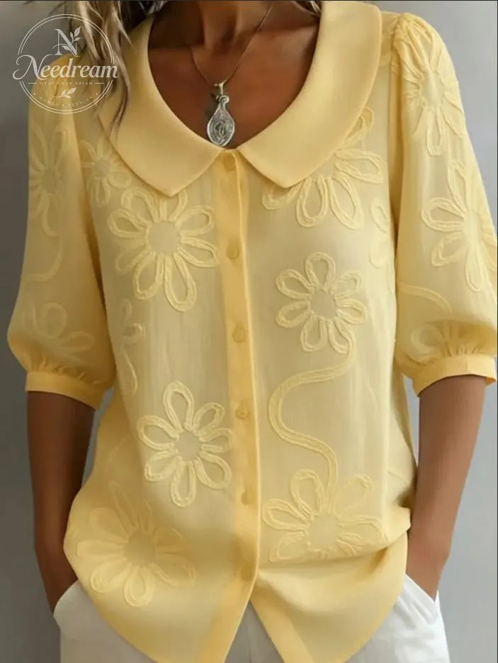 Women's Loose-Fit, Casual, Retro-Style Shirt With Button Details, Floral Embroidery, And Mid-Length Sleeves