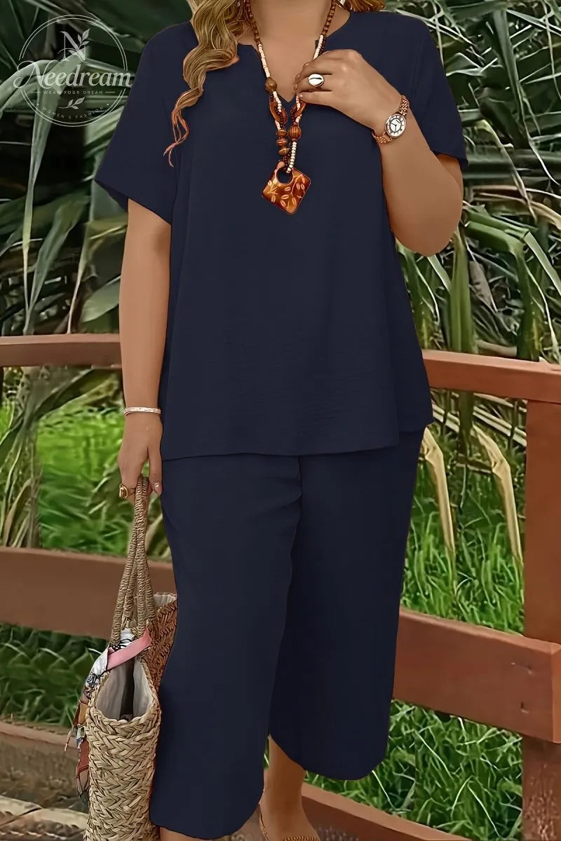 Elegant Plus Size Women's Solid Color Short Sleeve Fashion Top & Casual Wide Leg Pants Set