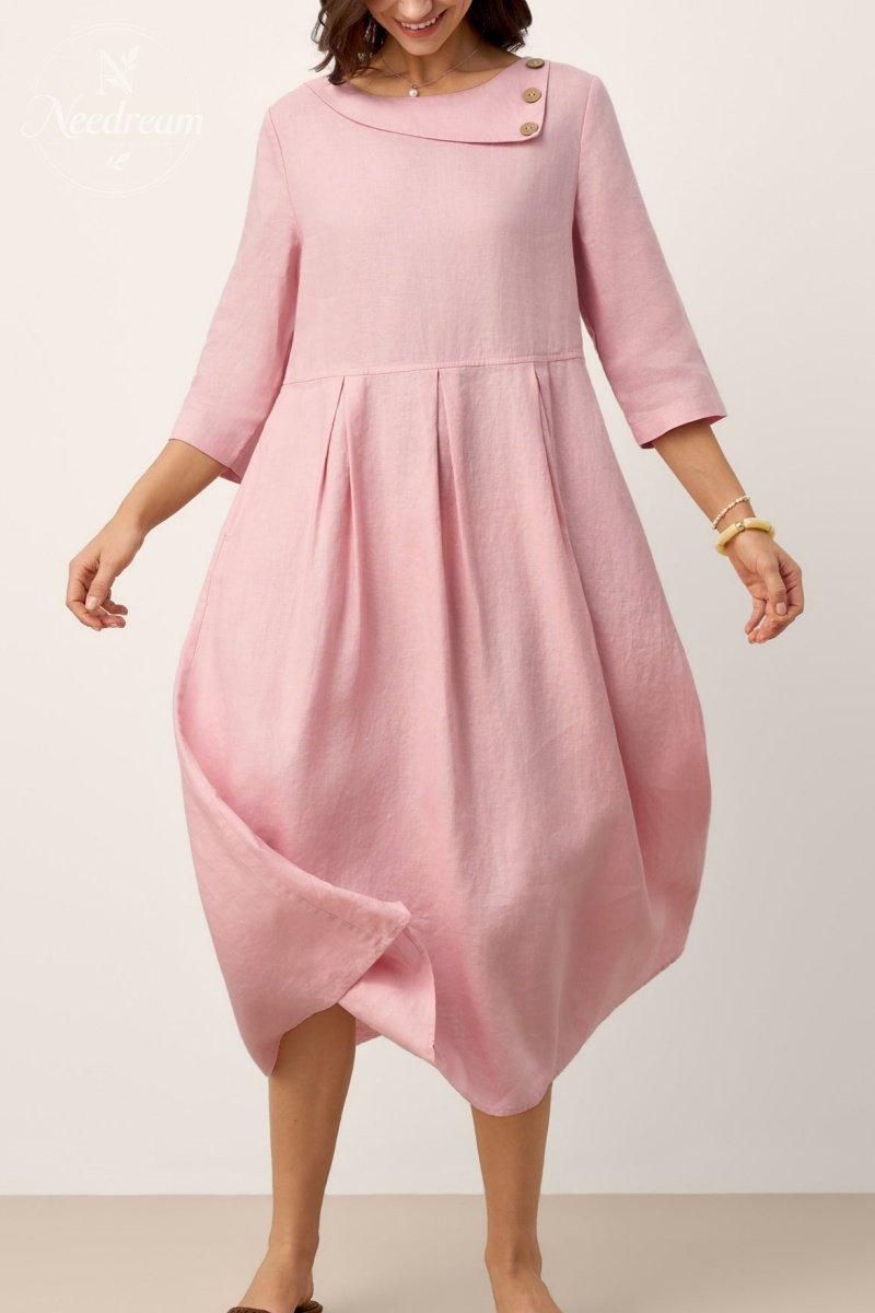 Linen Crescent Neck Decorative Button Waist Pleated Maxi Dress