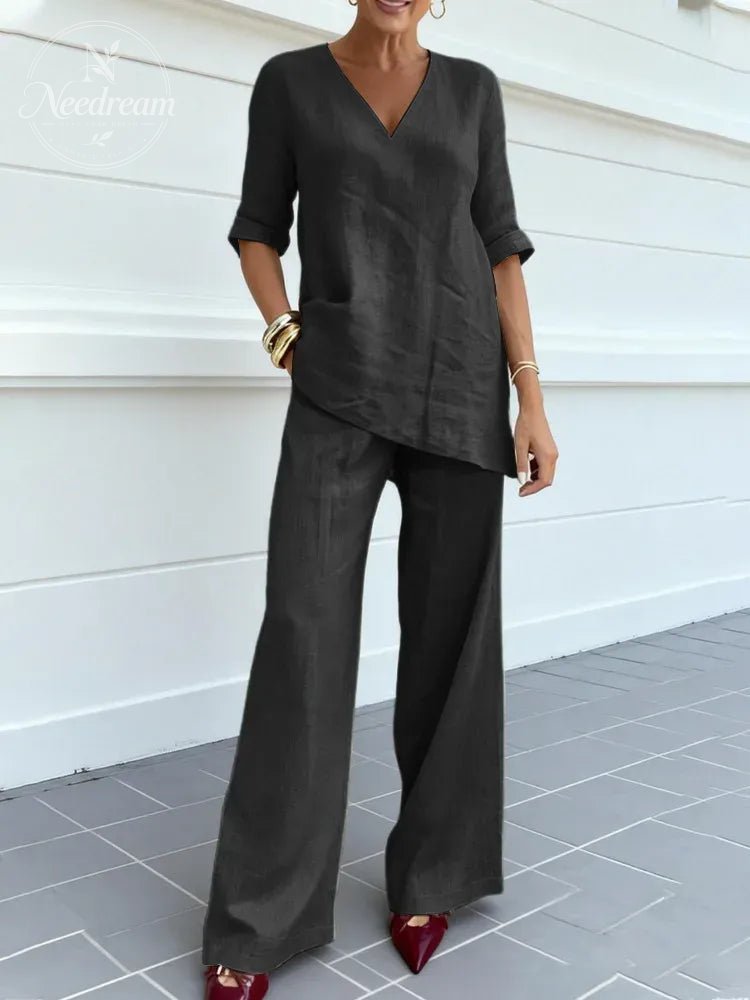 Two-Piece Set Of Short-Sleeved Top And Straight-Leg Pants