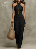 Relaxed Soft Drape Halter Column Linen Halter Maxi Dress
